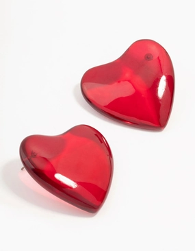 Large Red Acrylic Puffy Heart Stud Earrings Vacation Piece
