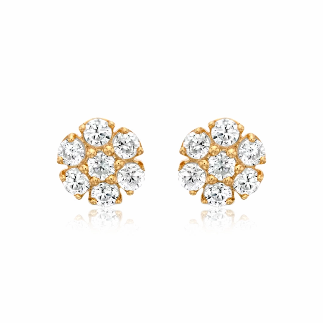 Gold Plated Surgical Steel Color CZ Flower Stud Earrings Square Embellishment