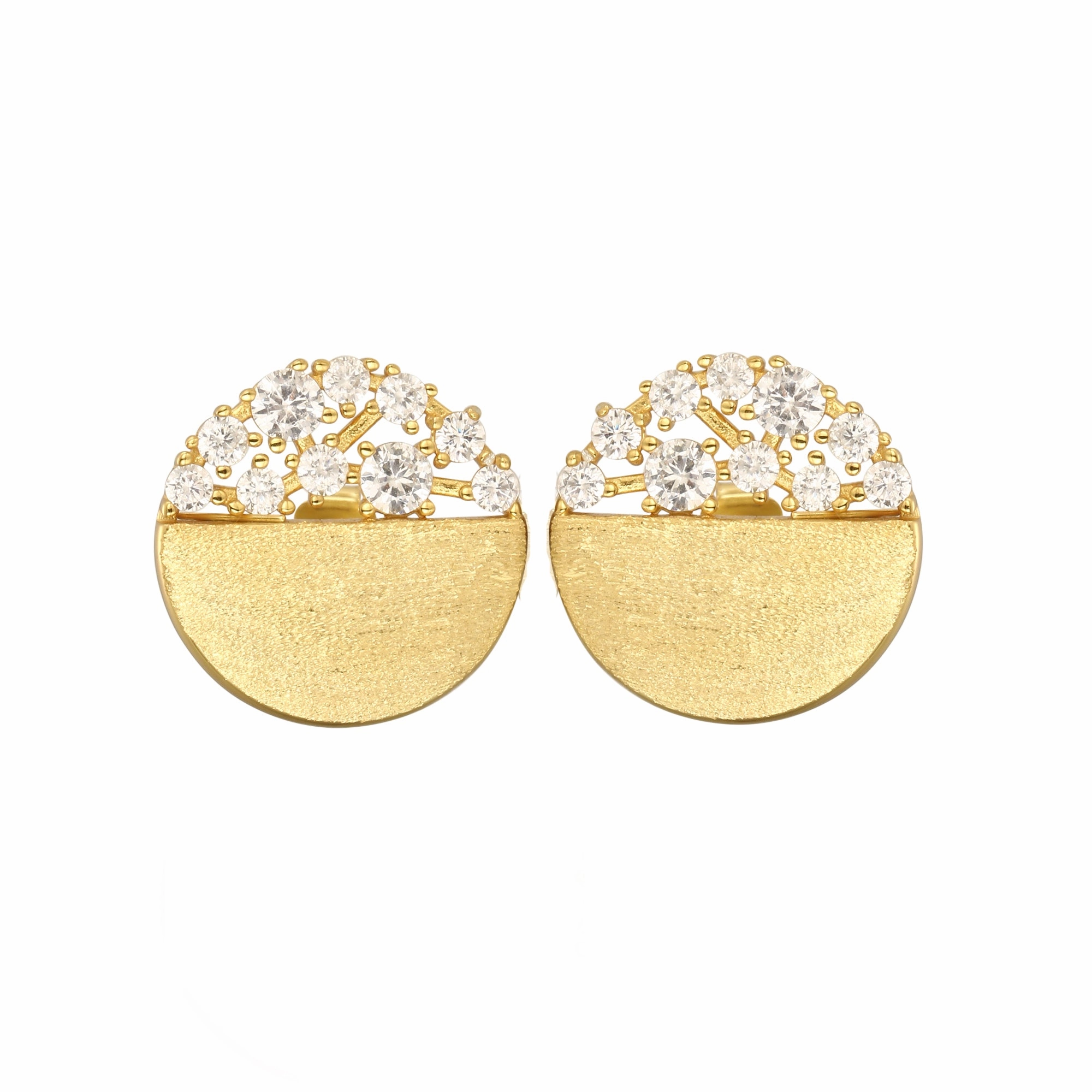 Simple Product Sterling Silver Brushed Gold Plated Half CZ Stud Earrings