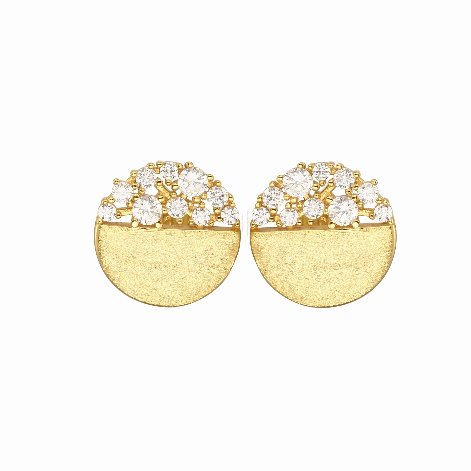 Sterling Silver Brushed Gold Plated Half CZ Stud Earrings Trendy Decor