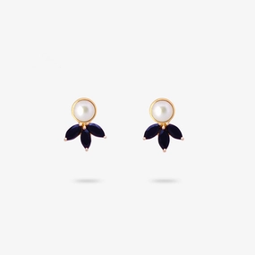 Amare Wear Freshwater Pearl Stud with Marquise Black Onyx Three Leaf Pendant Earrings Tiny Accessory