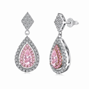 Louily Pink Stone Double Halo Pear Cut Women's Earrings Radiant Decor