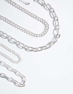 Perfect Piece Elegant Look Silver Mixed Chain Choker 4-Pack
