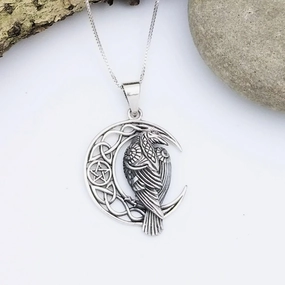 Celtic Sterling Silver Moon And Raven Pendant Ornamental Chain Jewelry