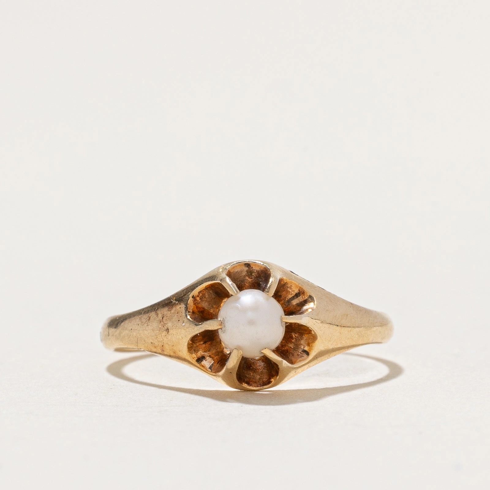 Rich Texture Belcher Set Solitaire Pearl Ring | SZ 4.25