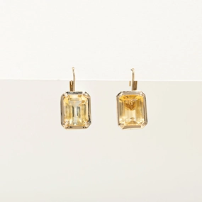 Bezel Set Emerald Cut Citrine Drop Earrings | 7.00ctw Elegant Pairing