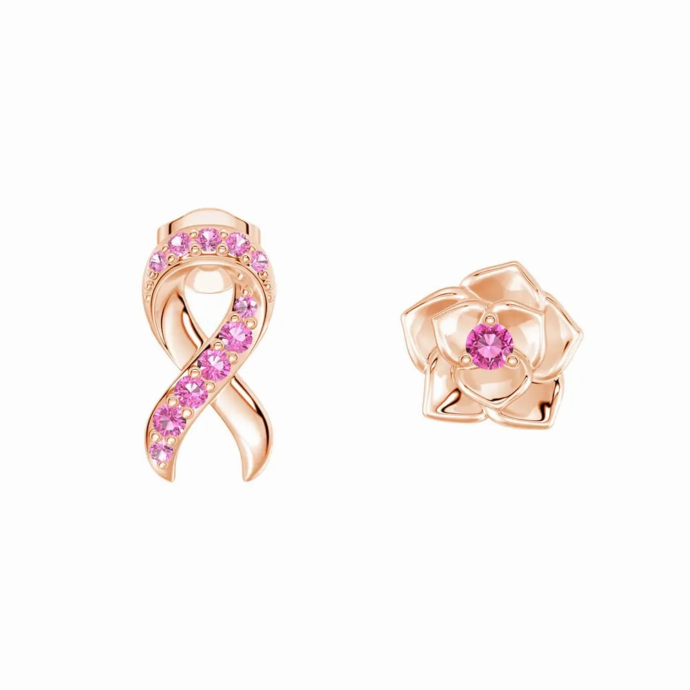 Miniature Piece Stunning Accent ??Ribbon & Rose?? Breast Cancer Awareness Mismatched Earrings