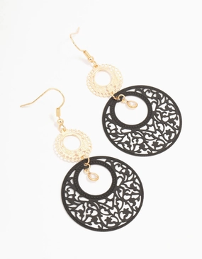Black Coated Metal Filigree Disc Drop Earrings Daily Accent