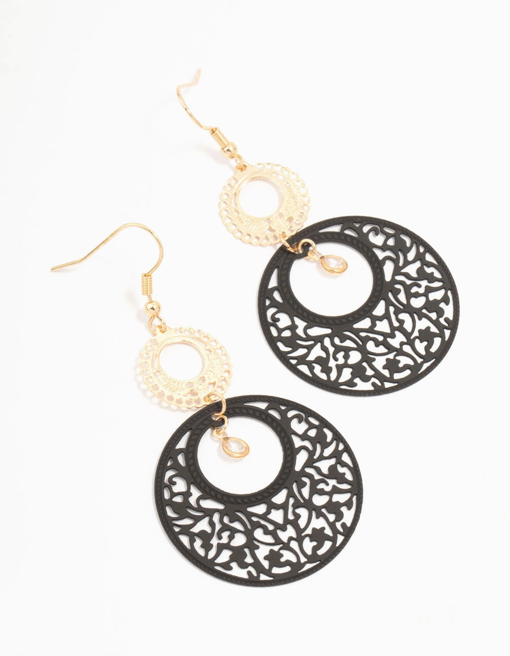 Black Coated Metal Filigree Disc Drop Earrings Daily Accent