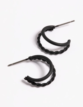 Simple Selection Classic Style Black Coated Plain & Twist Double Huggie Earrings