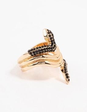 Black Diamante & Gold Stacked Snake Ring Modern Sign Trendy Design