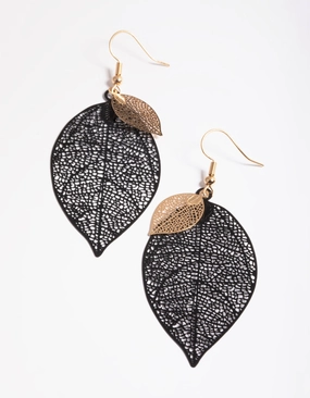 Luxurious Creation Black Double Leaf Drop Earrings