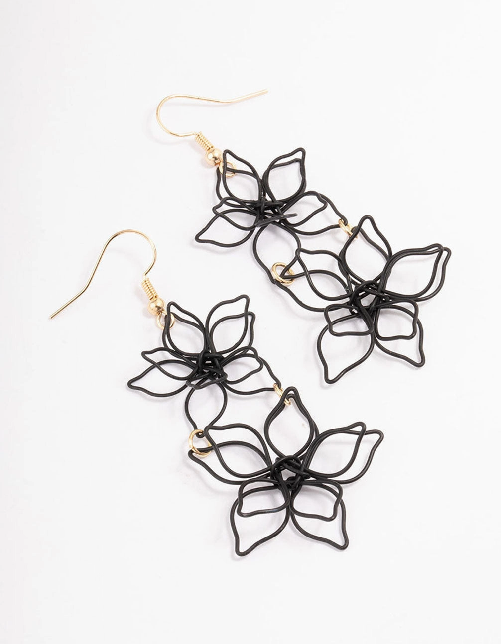 Large Ornament Glittering Choice Black Double Wire Flower Drop Earrings