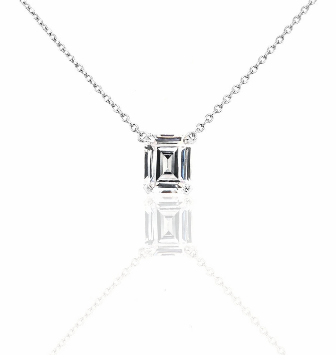 Sterling Silver Emerald Cut CZ Solitaire Necklace Graceful Accent Holiday Present