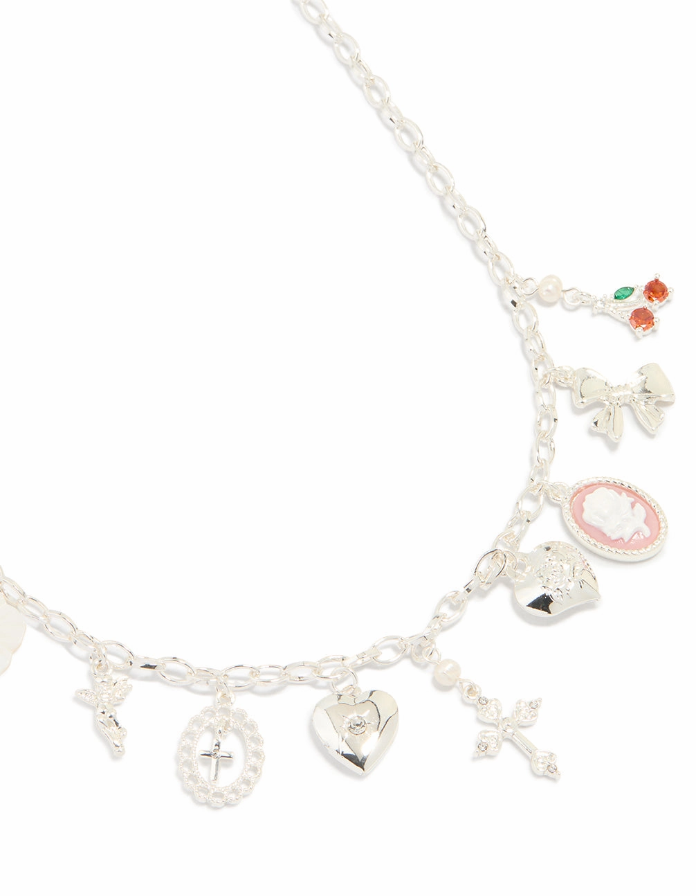 Silver Plated Multi Heart & Cross Charm Necklace Daring Style