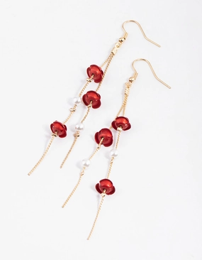 Artful Sparkle Red Rose & Pearl Chain Drop Earrings