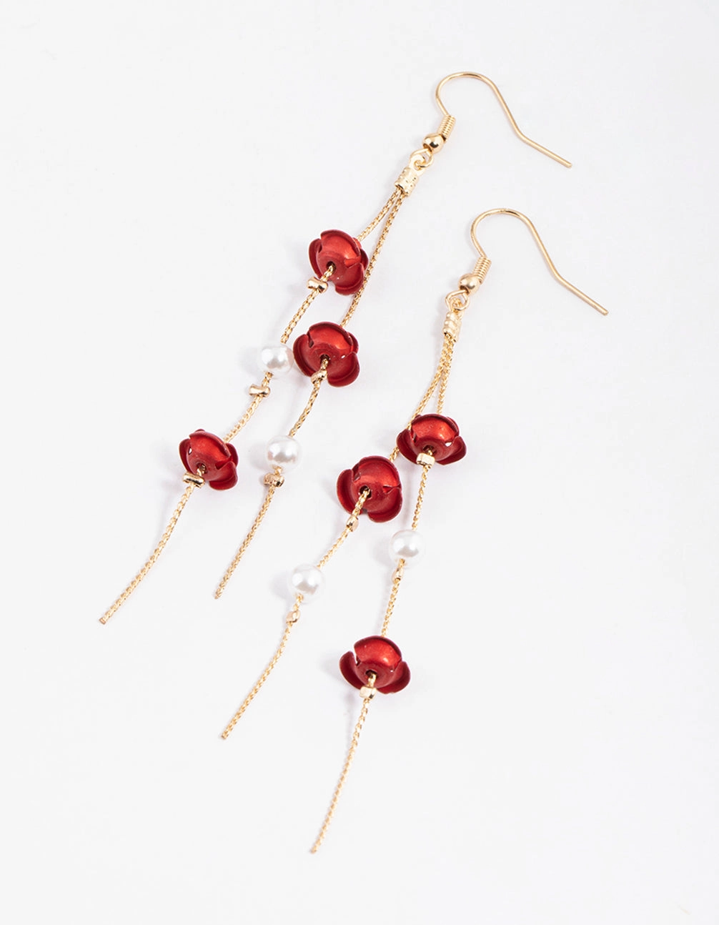 Red Rose & Pearl Chain Drop Earrings Timeless Adornment Secure Product