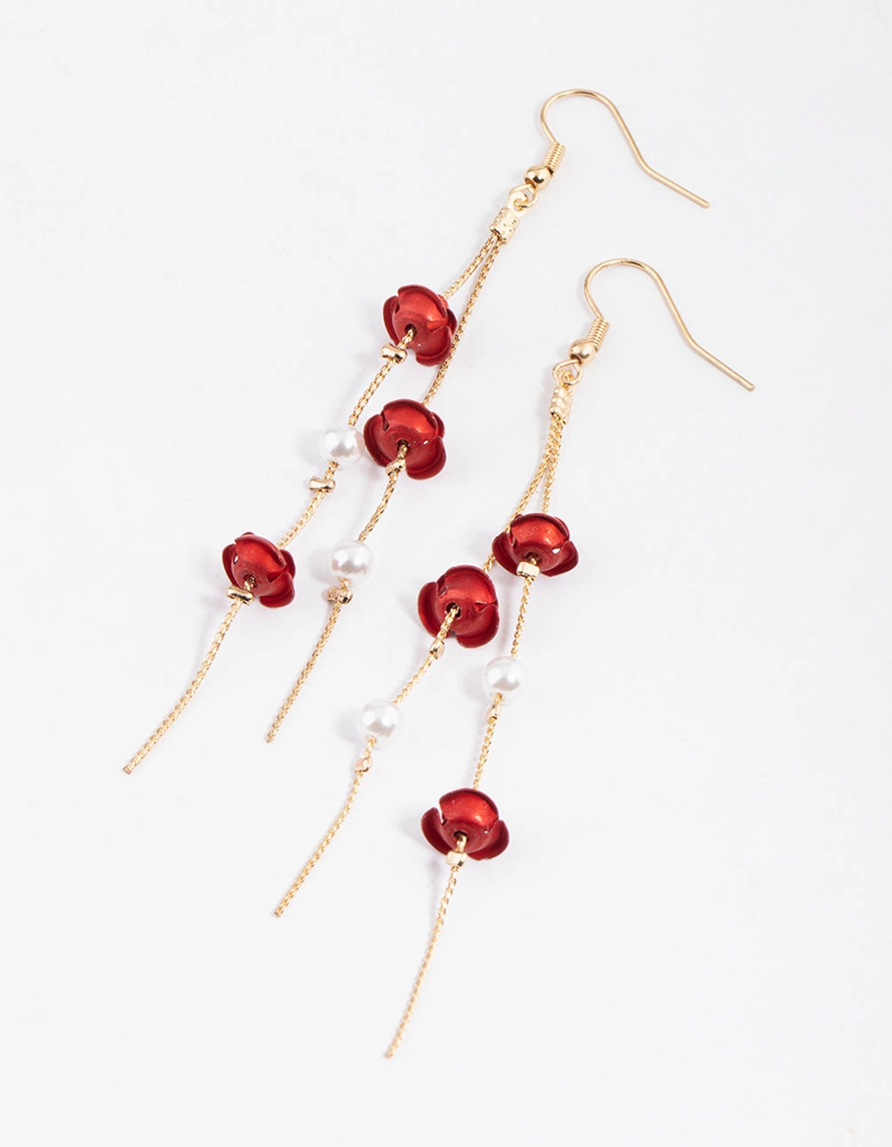 Artful Sparkle Red Rose & Pearl Chain Drop Earrings
