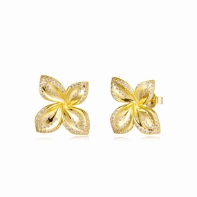 Sterling Silver Gold Plated Four Petal With CZ Stud Earrings Secure Ornament