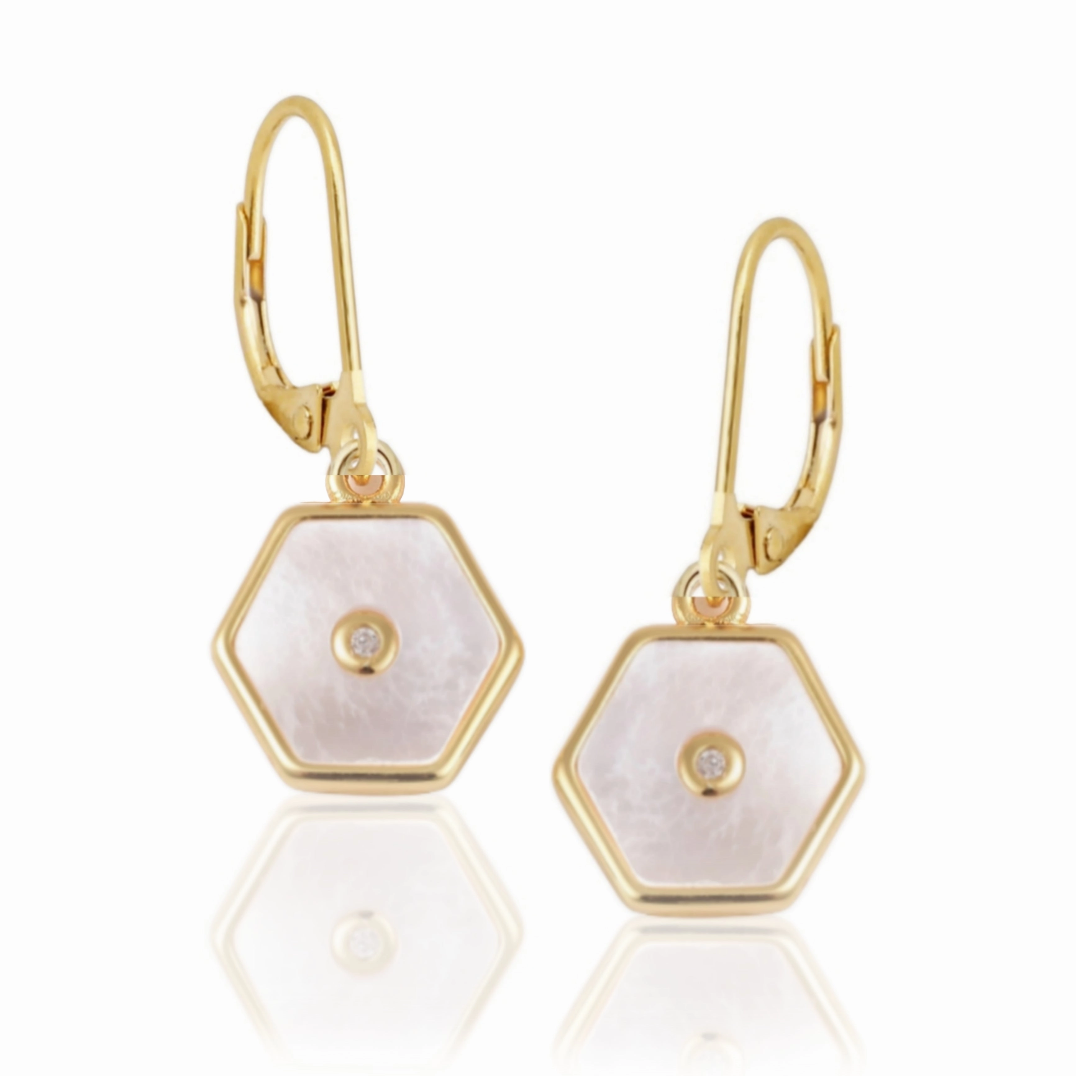 Charming Decoration CZ Center Hexagon Shape Mother of Pearl Surgical Steel Earrings