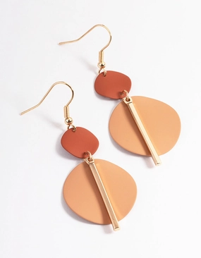 Ornate Detail Polygonal Item Brown Disc & Stick Drop Earrings