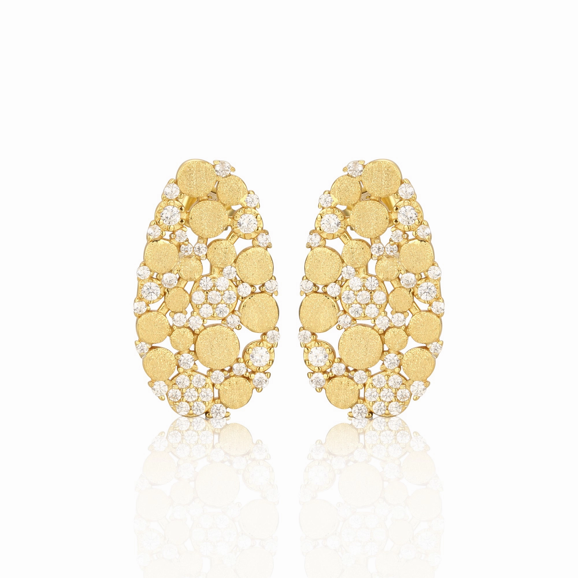 Premium Option Sterling Silver Brushed Gold Plated Oval With CZ Stud Earrings