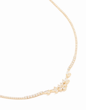 Gold Plated Cubic Zirconia Flower Cup Chain Necklace Group Piece Pretty Item