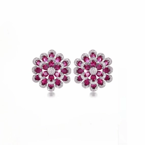 Rhodium Plated Sterling Silver Colorful Multi-Petal Flower and Micropave Stud Earrings Triangular Embellishment