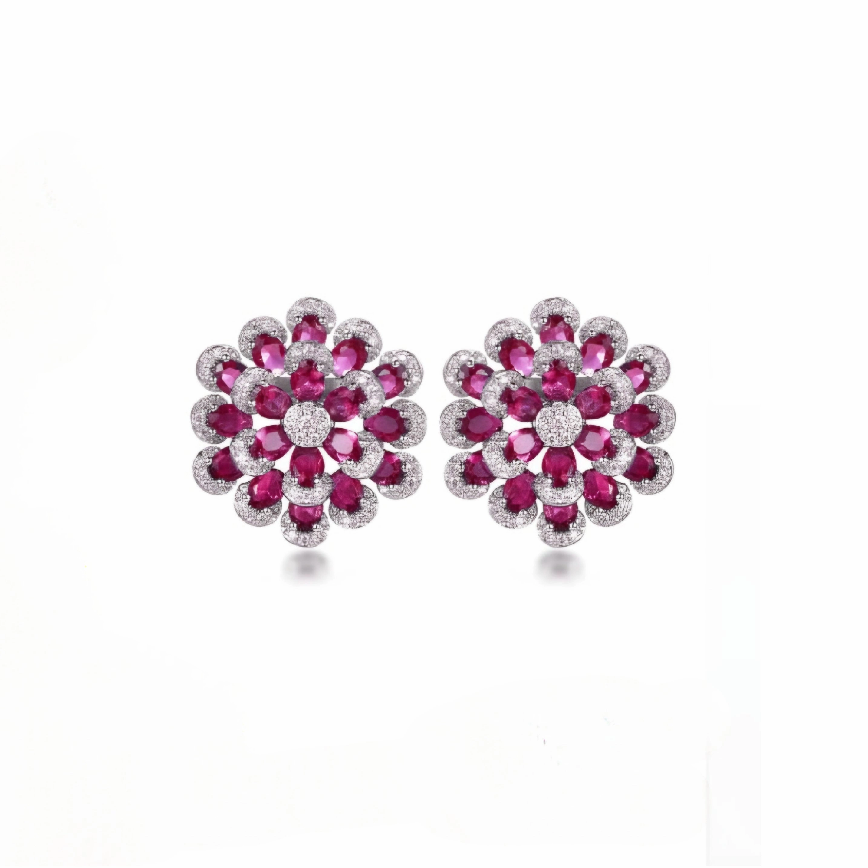 Rhodium Plated Sterling Silver Colorful Multi-Petal Flower and Micropave Stud Earrings Triangular Embellishment