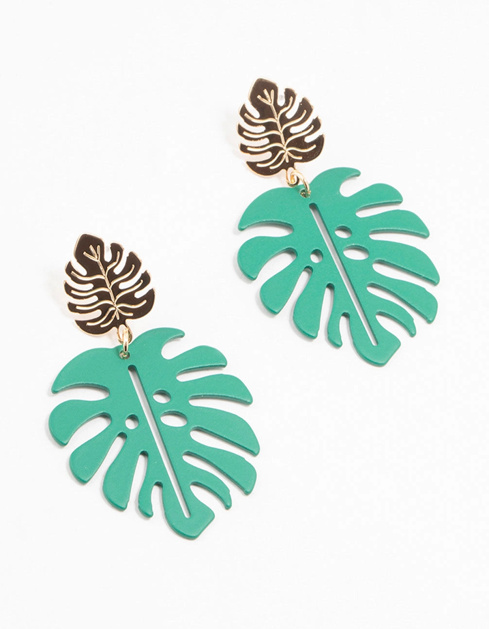 Decorative Option Gold & Green Coated Metal Monstera Leaf Drop Earrings