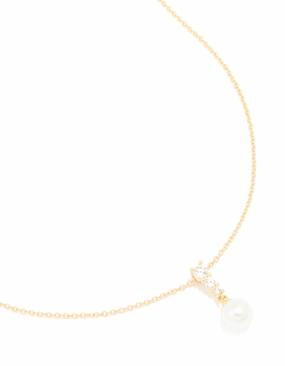 Gold Plated Cubic Zirconia & Pearl Pendant Necklace Beautiful Style Creative Youth