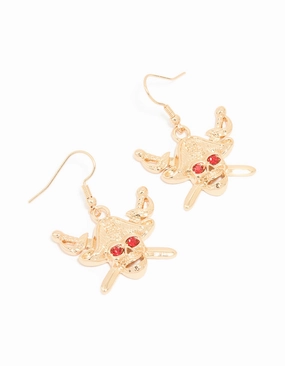 Gold Red Diamante Skeleton Pirate Face Drop Earrings Star-Shaped Ornament Holiday Item