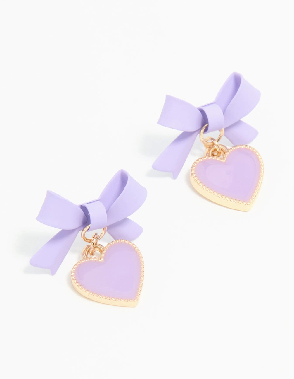 Gold Light Purple Coated Metal Bow Heart Drop Stud Earrings Embellished Decoration