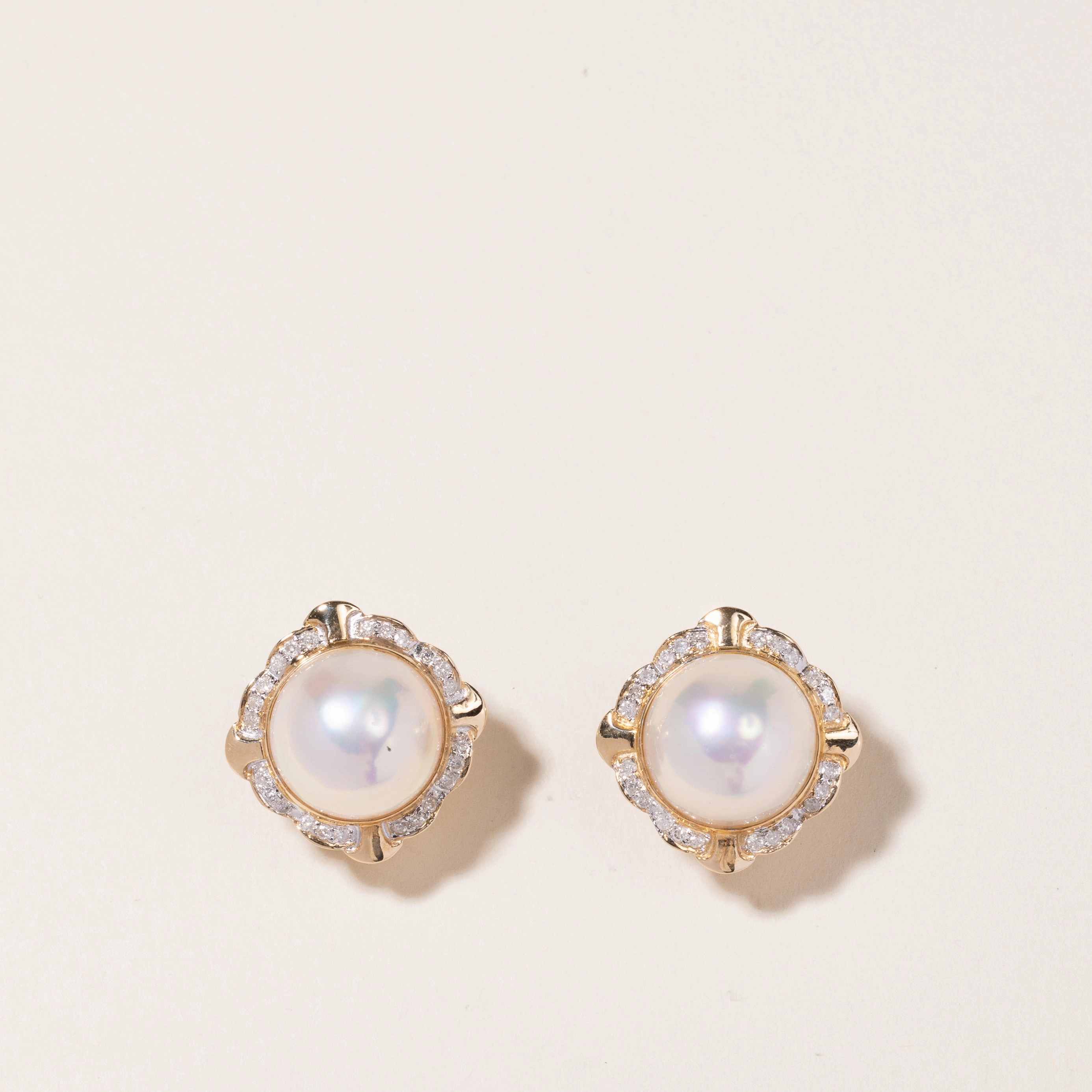14K Yellow Gold Pearl & Diamond Earrings | 14.00-14.50mm, 0.48ctw Premium Radiance