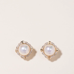 14K Yellow Gold Pearl & Diamond Earrings | 14.00-14.50mm, 0.48ctw Premium Radiance