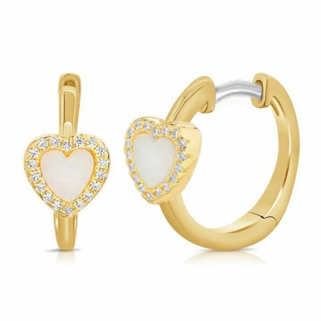 Pearlescent Embellishment Gold Plated Surgical Steel Mother of Pearl Heart or Flower on Huggie Earring