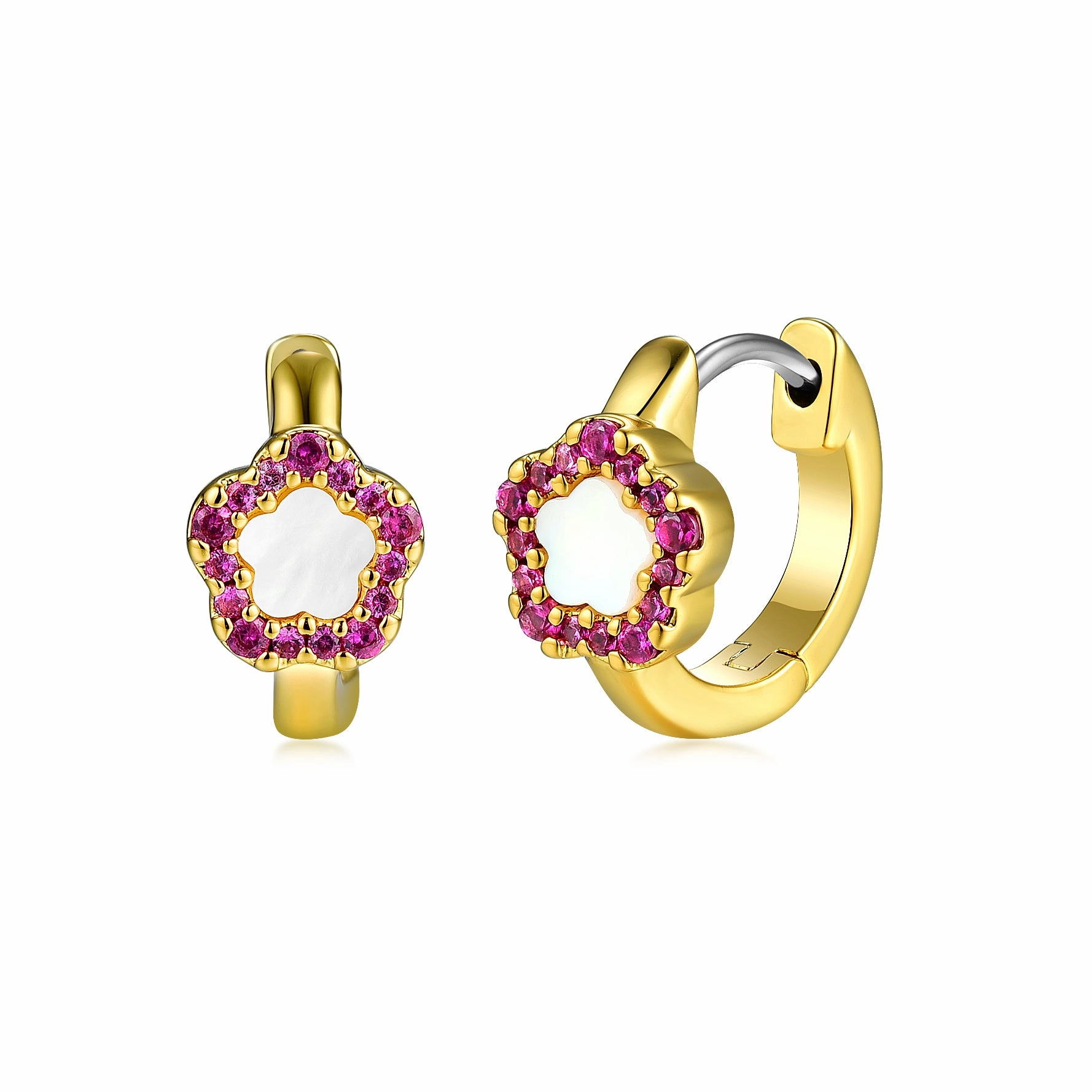 Gold Plated Surgical Steel Mother of Pearl Heart or Flower on Huggie Earring Large Adornment Luxurious Jewelry