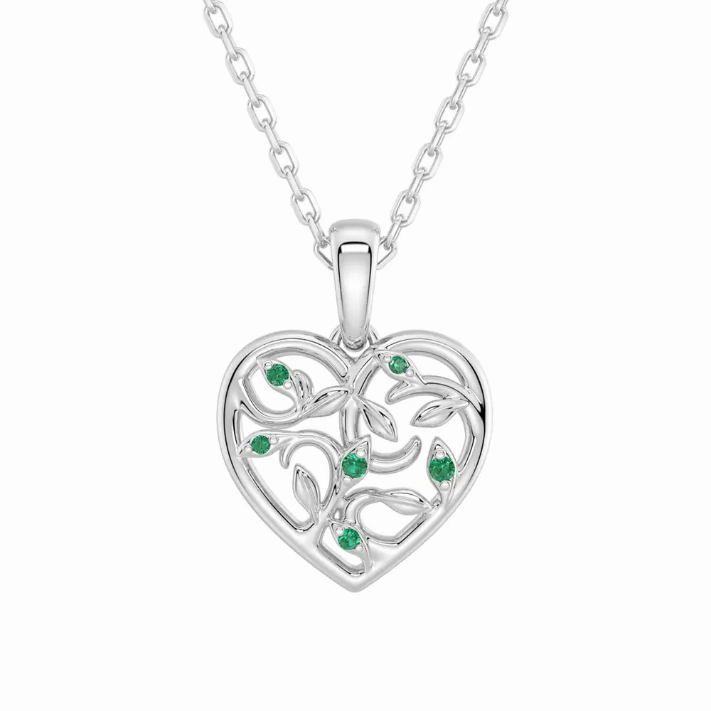 Youth Accent Asymmetrical Vine Motif Lab Grown Emerald Heart Necklace