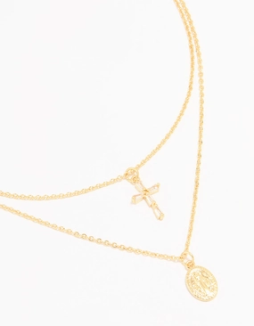 Ancient Adornment Home Party Gold Plated Cross & Mary Layered Necklace