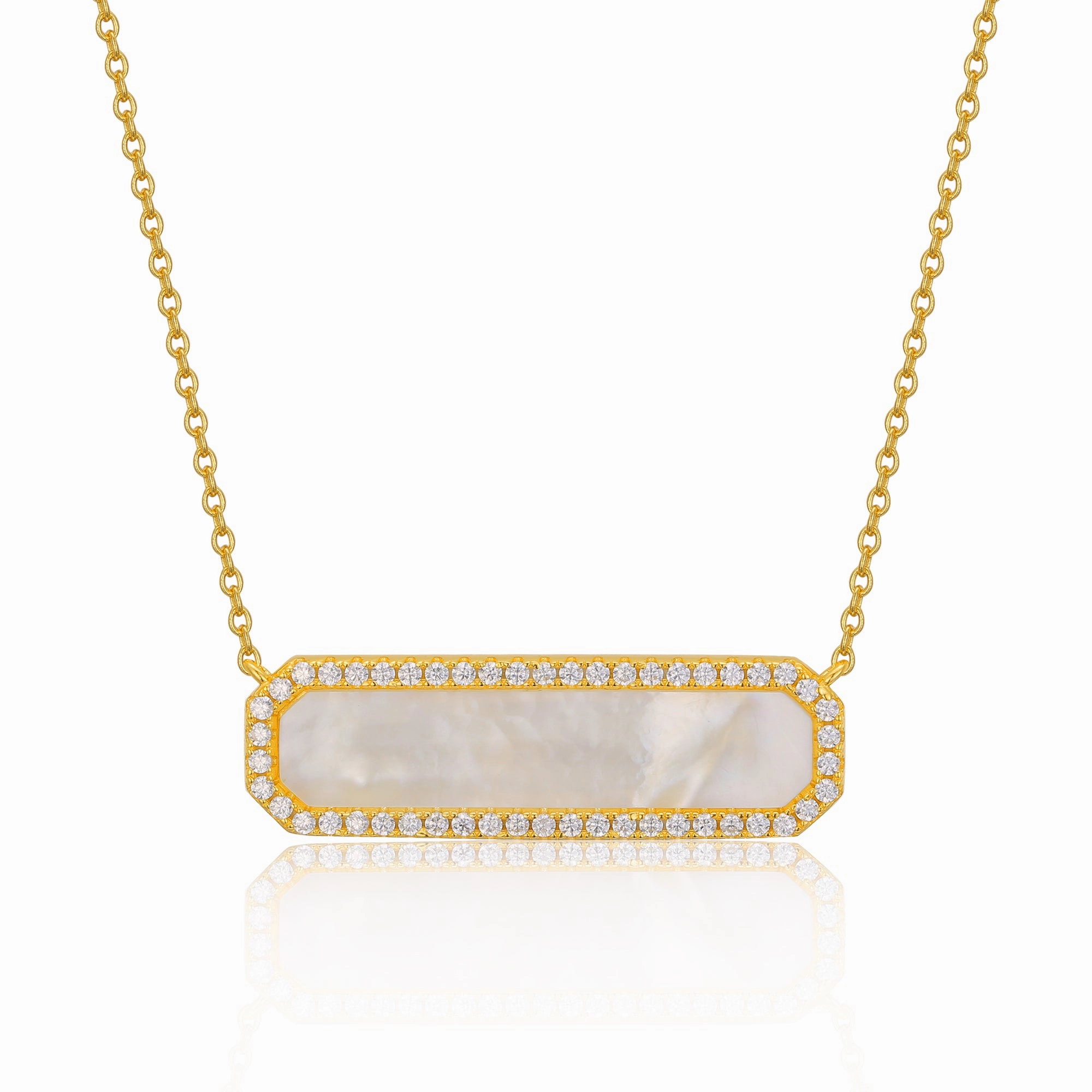 Symbolic Accessory Sterling Silver CZ Border Mother of Pearl Bar Necklace