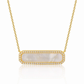 Symbolic Accessory Sterling Silver CZ Border Mother of Pearl Bar Necklace