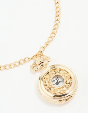 Gold Vintage Pocket Watch Necklace Beaded Strand