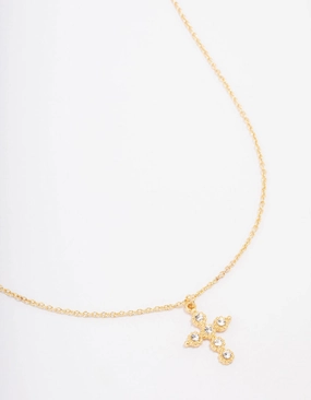 Wedding Piece Gold Plated Diamante Round Cross Pendant Necklace