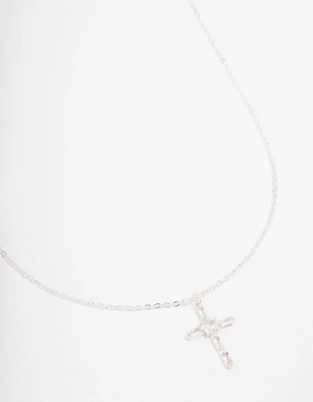 Silver Plated Cubic Zirconia Baguette Cross Pendant Necklace Urban Chic