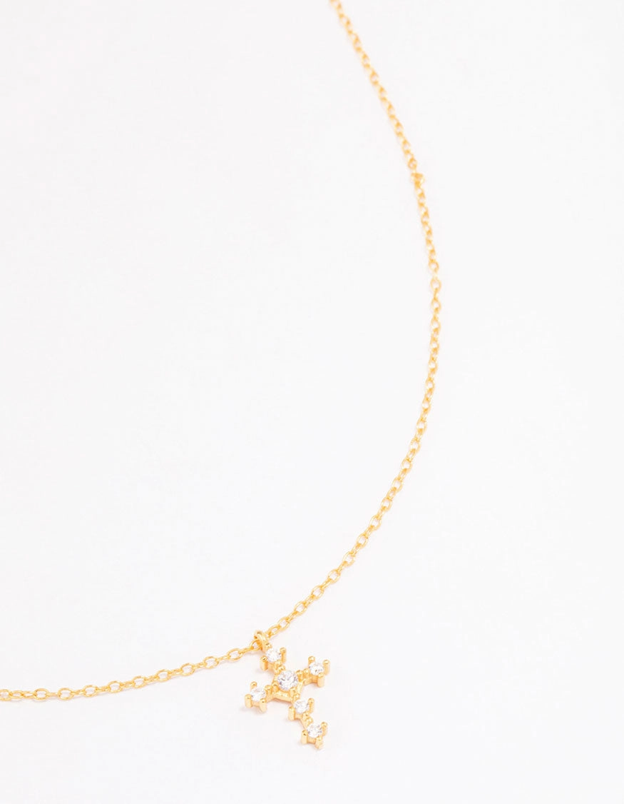 For Bride Gold Plated Sterling Silver Cubic Zirconia Round Cross Chain Necklace