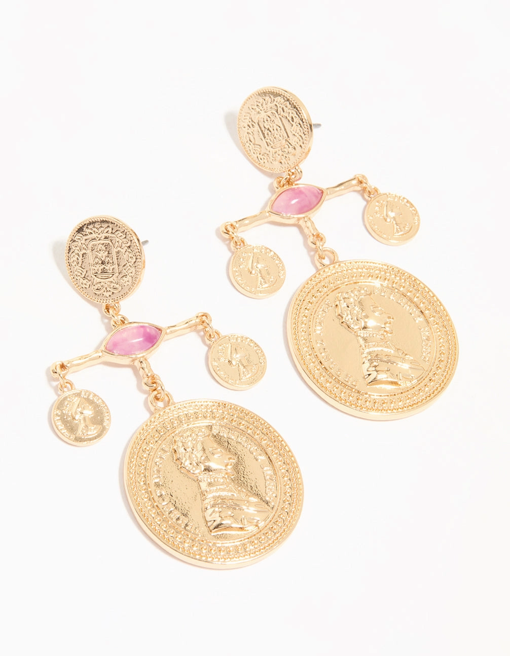 Gold Pink Marble & Coin Mobile Drop Earrings Unique Style