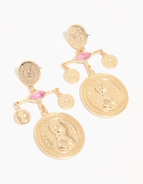Gold Pink Marble & Coin Mobile Drop Earrings Unique Style