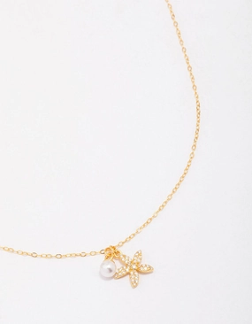 Gold Plated Sterling Silver Starfish Freshwater Pearl Chain Necklace Work Environment Piece Contemporary Mood