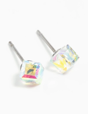 Clear Gem 3D Cube Stud Earrings Winter Item