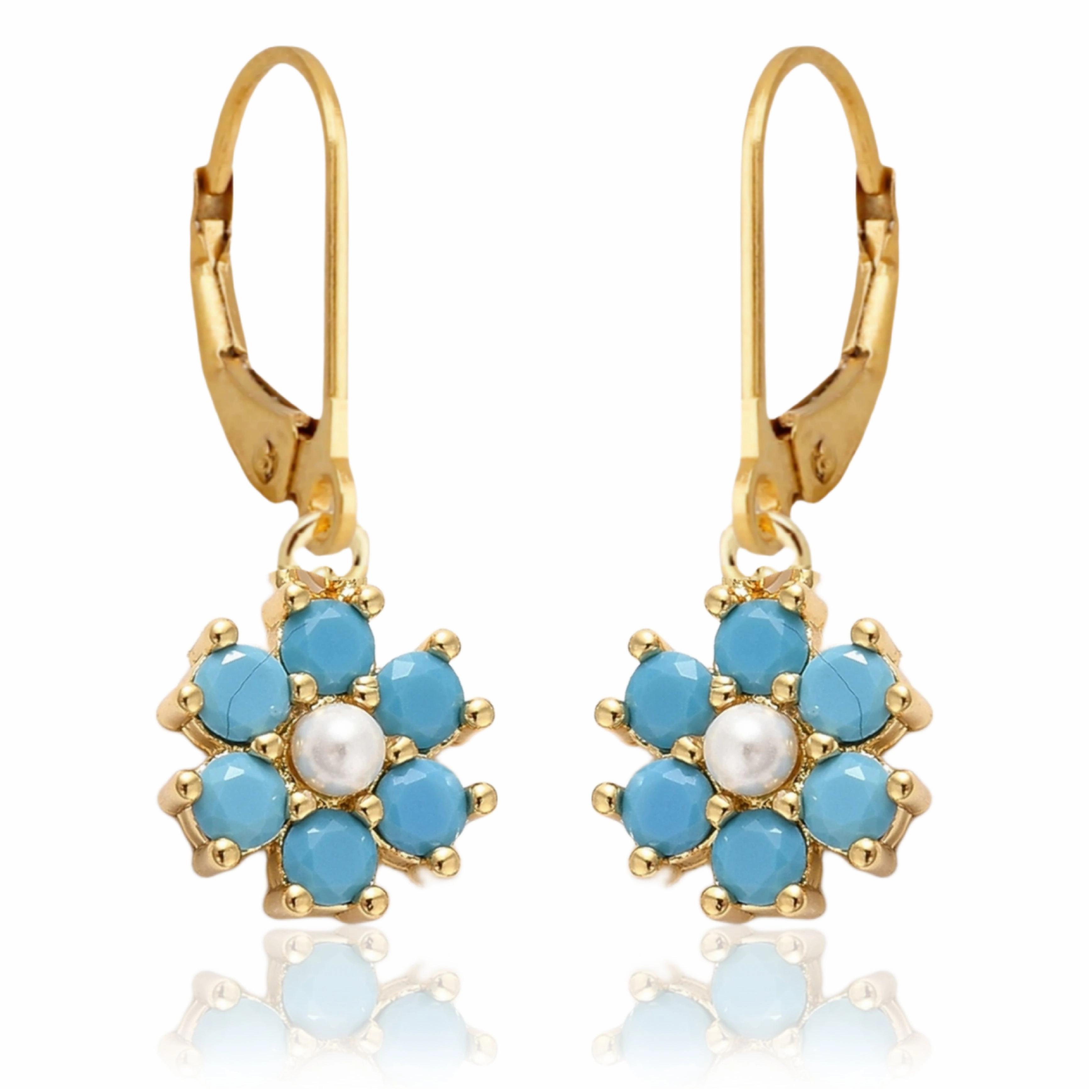 Circular Trinket Color Stone and Pearl 7 Petal Flower Surgical Steel Earrings